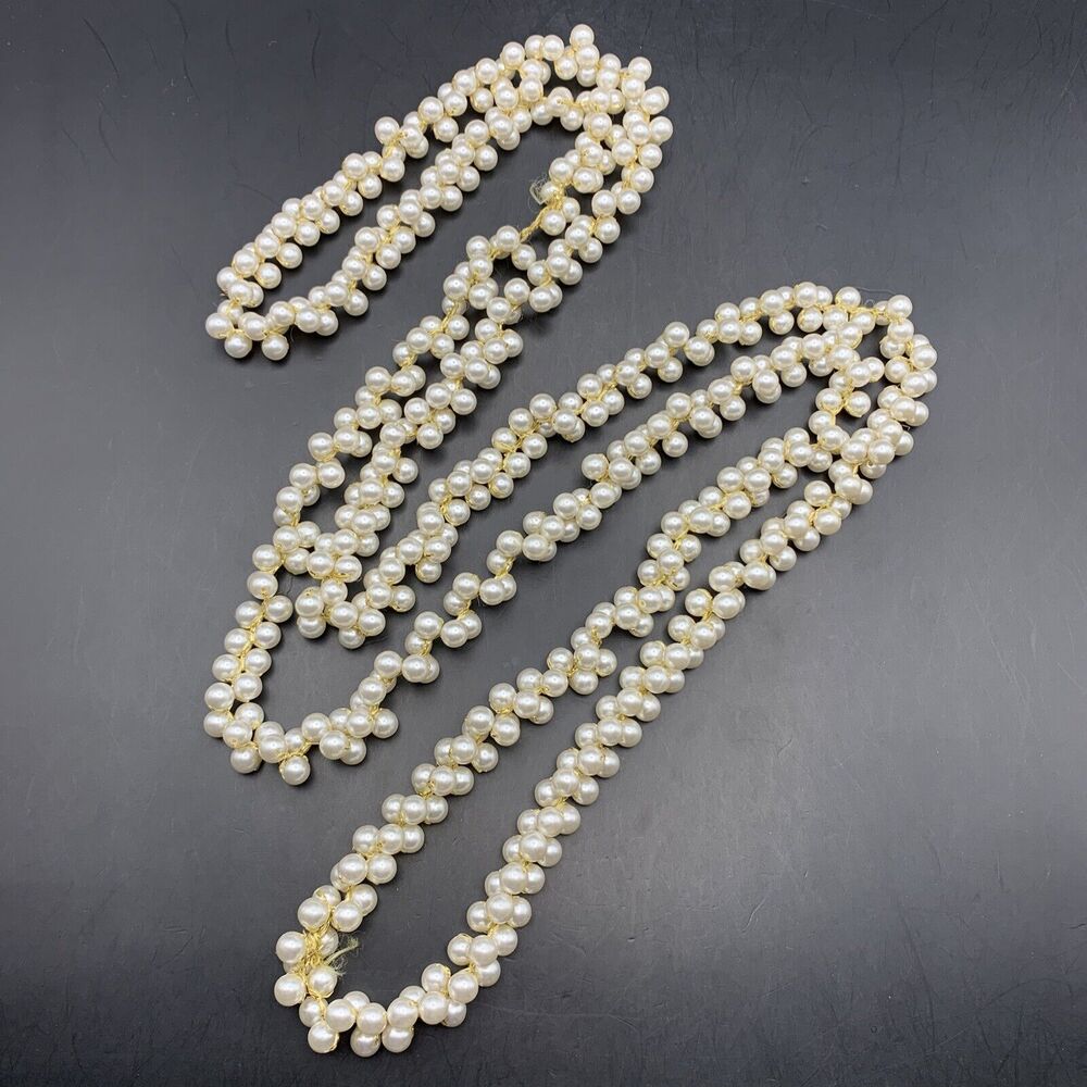 Extra Long Faux Pearl Necklace Beaded Cluster Woven Golden Thread 62 Inch